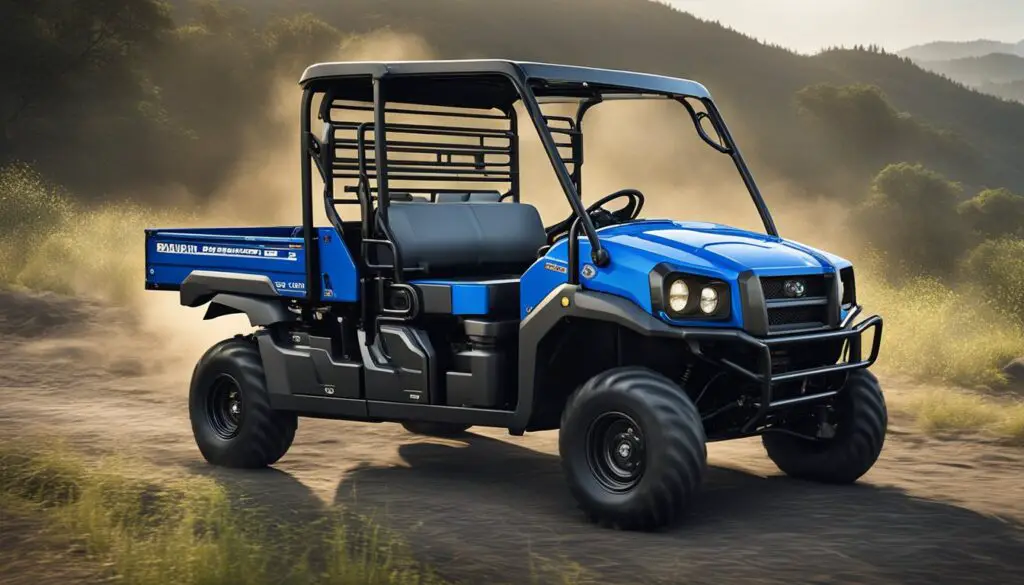 The Kawasaki Mule 2510's drivetrain and transmission show signs of problems, with visible wear and potential damage