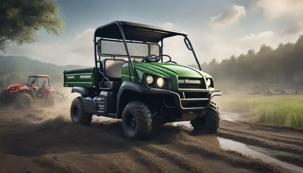 The Kawasaki Mule SX sits stalled in a muddy field, smoke billowing from its engine