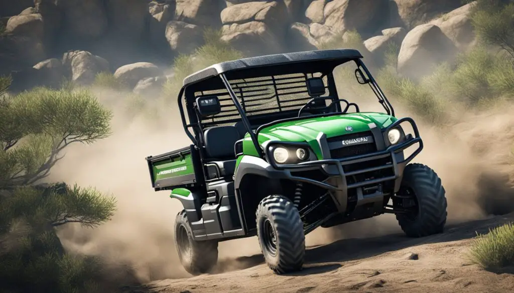 The Kawasaki Mule SX struggles with performance and handling issues, evident in its jerky movements and difficulty navigating rough terrain