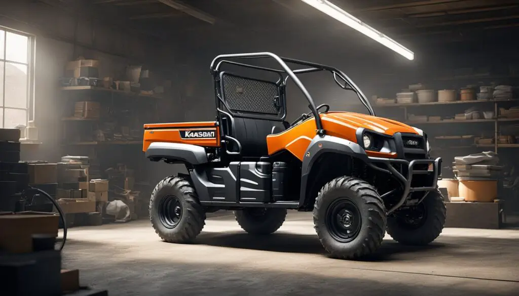 The Kawasaki Mule SX sits in a garage with its hood open, showing specific component problems. Smoke rises from the engine, and a mechanic examines the faulty parts