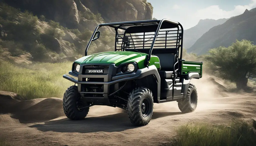 The Kawasaki Mule SX sits in a rugged terrain, showcasing its design and utility features. Its sturdy build and functional components are highlighted in the illustration