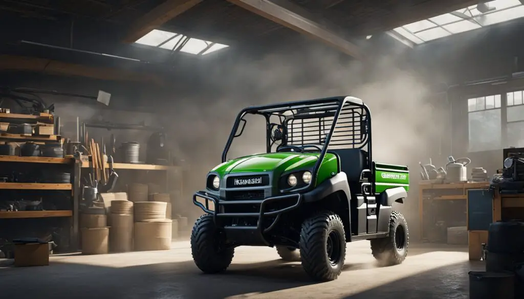 The Kawasaki Mule SX sits in a garage, surrounded by tools and diagnostic equipment. Smoke rises from the engine, indicating a problem