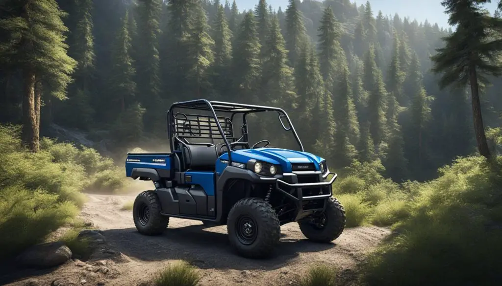 A Kawasaki Mule Pro MX parked on a rugged trail, surrounded by dense forest and rocky terrain, under a clear blue sky