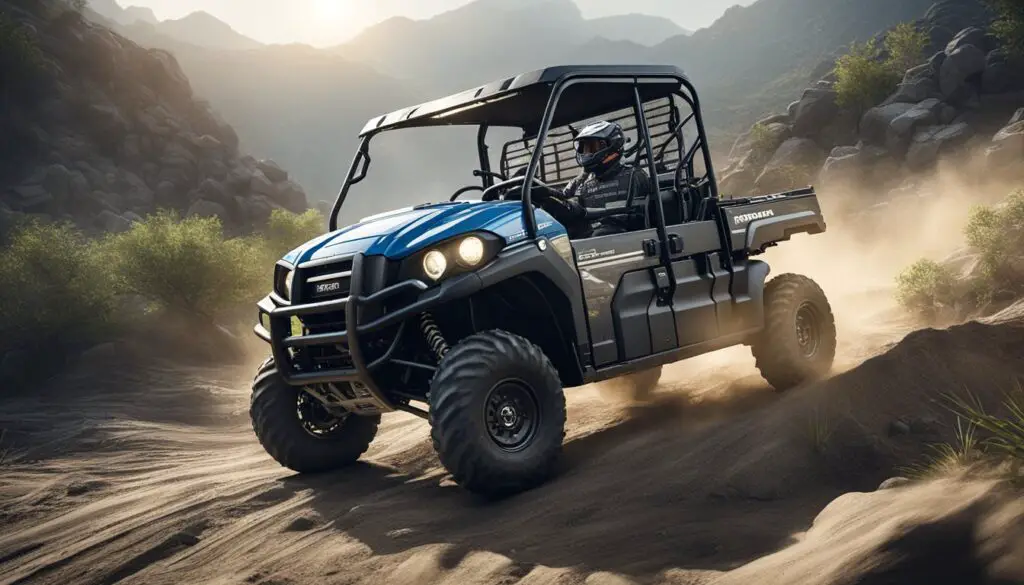 A Kawasaki Mule Pro MX navigating rugged terrain with ease, kicking up dust as it powers through rocky paths and muddy trails