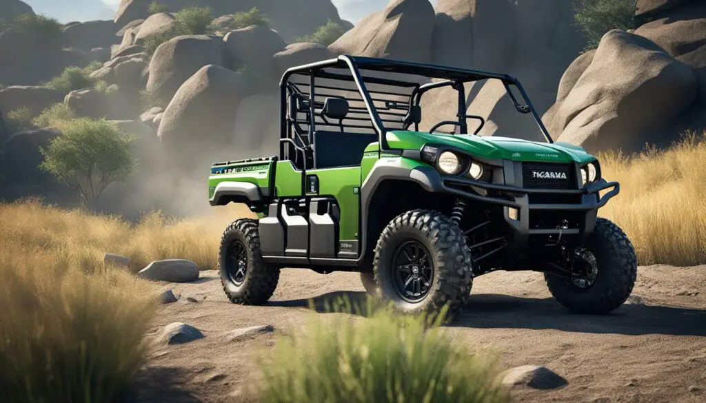The Kawasaki Mule Pro MX is parked in a rugged outdoor setting, surrounded by rocky terrain and tall grass. The vehicle's features and customization are highlighted, with a focus on its sturdy build and versatile capabilities