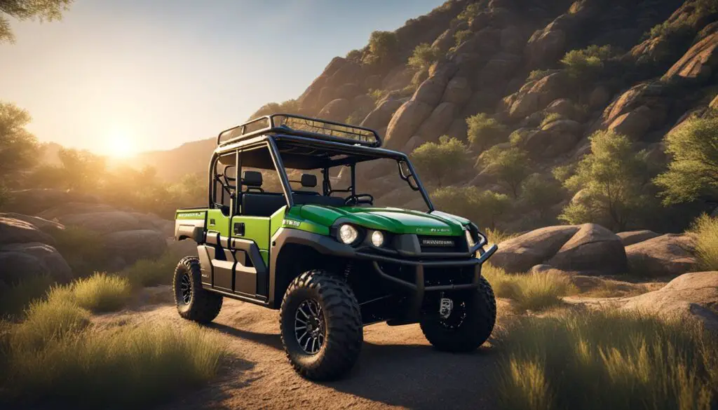 A Kawasaki Mule Pro MX parked on a rugged trail, surrounded by rocky terrain and dense vegetation. The sun is setting, casting a warm glow on the vehicle