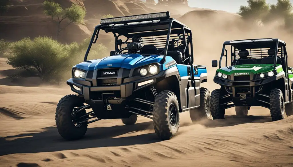 The Kawasaki Mule Pro MX sits next to its competitors, showcasing its rugged design and powerful performance. The other vehicles appear sleek and modern in comparison