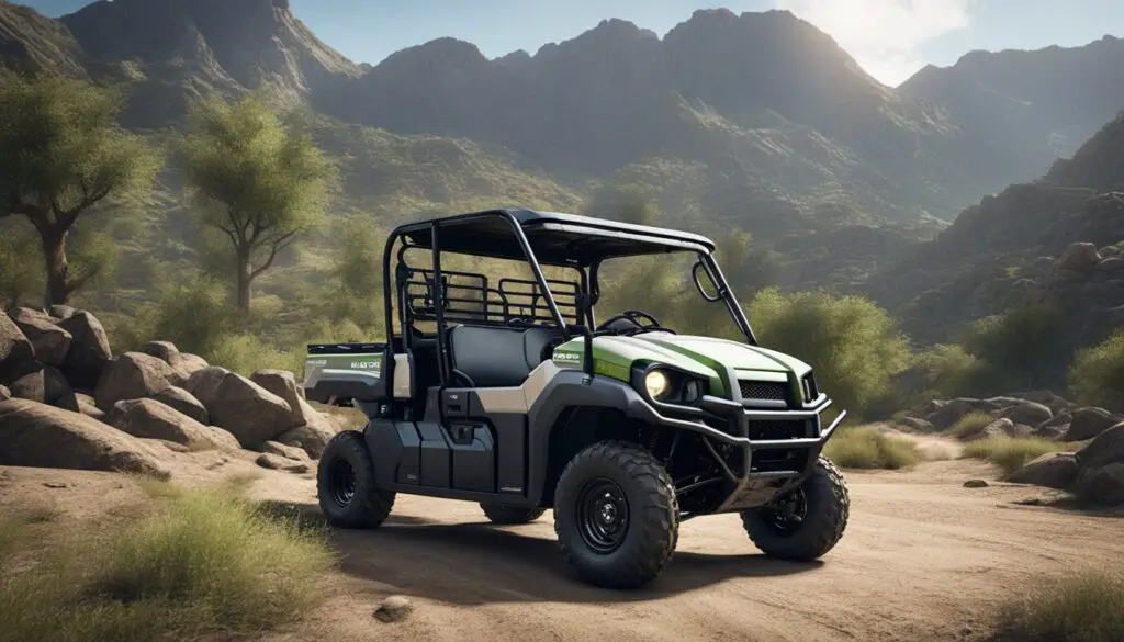 A Kawasaki Mule Pro MX parked in a rugged outdoor setting, with mountains in the background and a dirt trail leading off into the distance