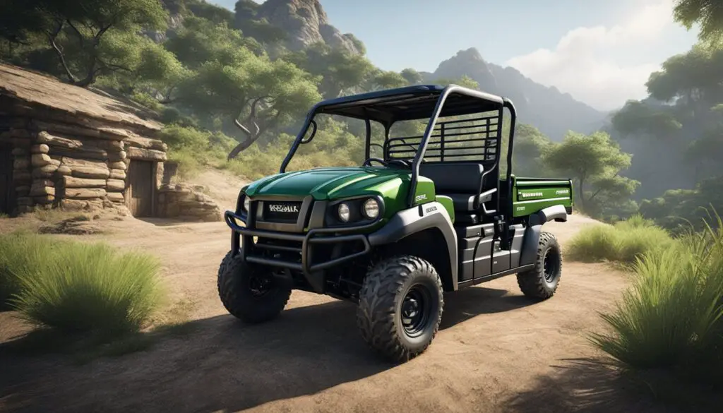 A Kawasaki Mule 410 parked in a rustic setting, surrounded by rugged terrain and lush greenery. The vehicle is shown from a side angle, with its sturdy build and off-road capabilities emphasized