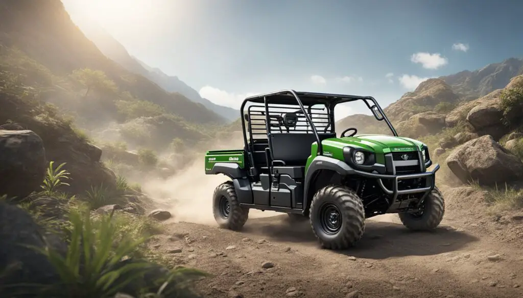The Kawasaki Mule 410 is being expertly handled and controlled, navigating through rough terrain with ease and precision