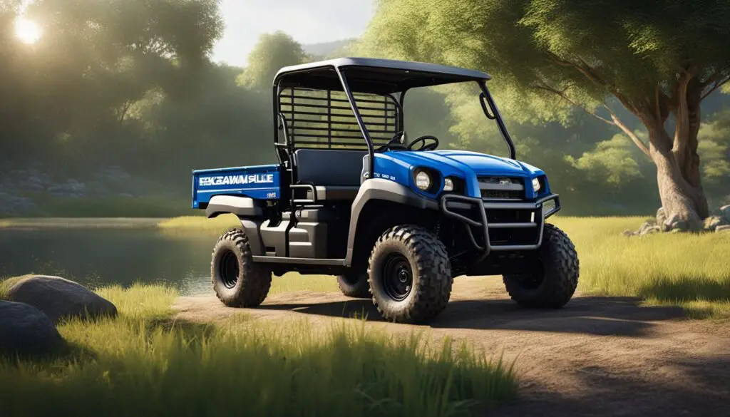 The Kawasaki Mule 410 sits parked in a serene countryside setting, surrounded by lush greenery and bathed in warm sunlight