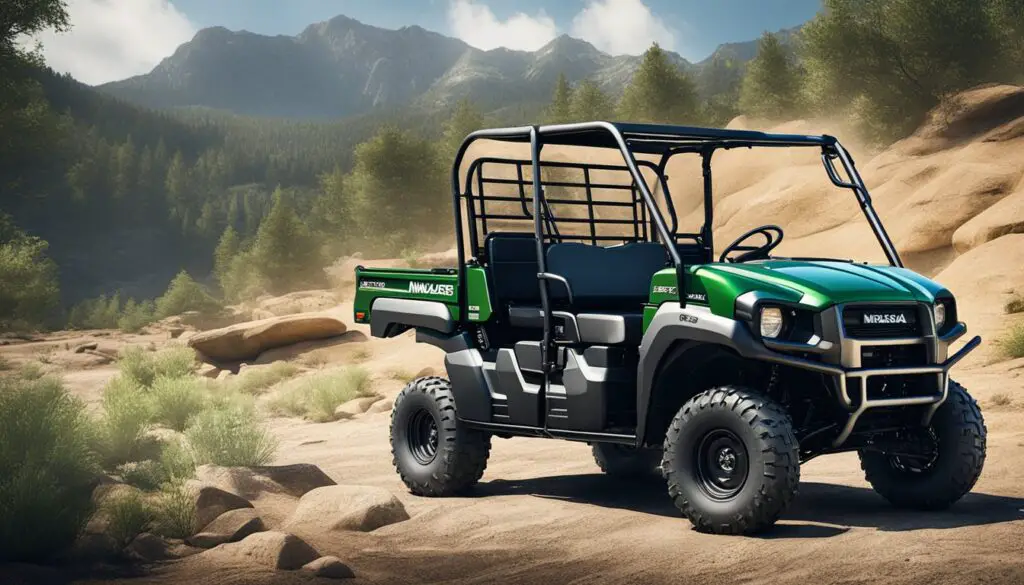 The Kawasaki Mule 410 is parked in a rugged outdoor setting, with a focus on its safety features such as roll bars, seat belts, and protective body panels