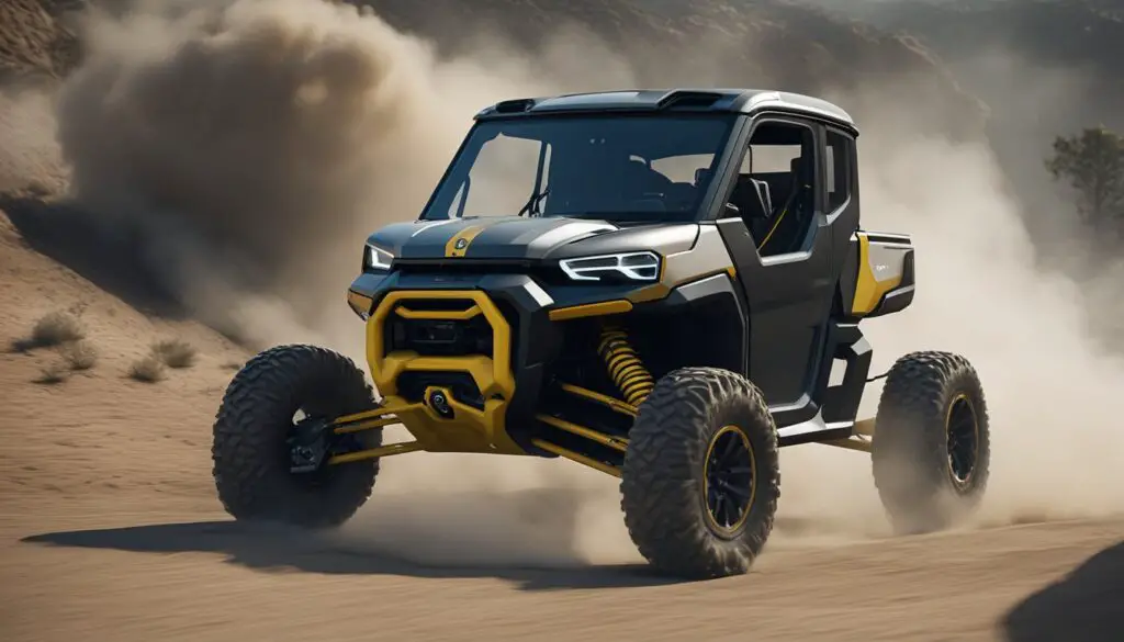 The Can-Am Defender's transmission is malfunctioning, causing the vehicle to stall and jerk. Smoke billows from under the hood as the driver struggles to regain control