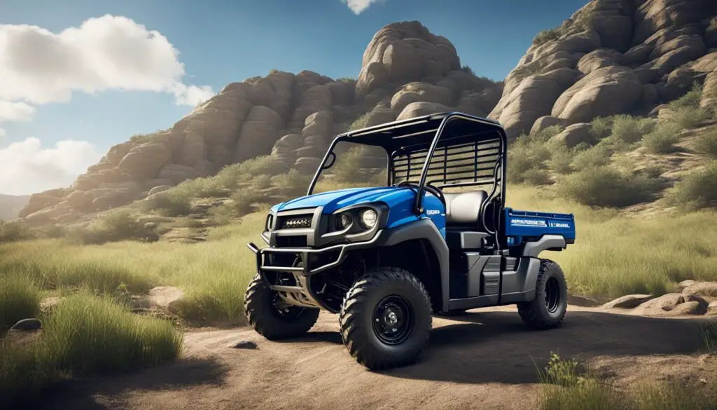 A Kawasaki Mule SX parked in a rugged terrain, surrounded by tall grass and rocky terrain, with a clear blue sky in the background
