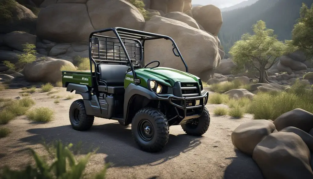 The Kawasaki Mule SX is parked in a rugged outdoor setting, surrounded by tools and equipment. Its sturdy frame and practical design are highlighted, showcasing its utility and functionality