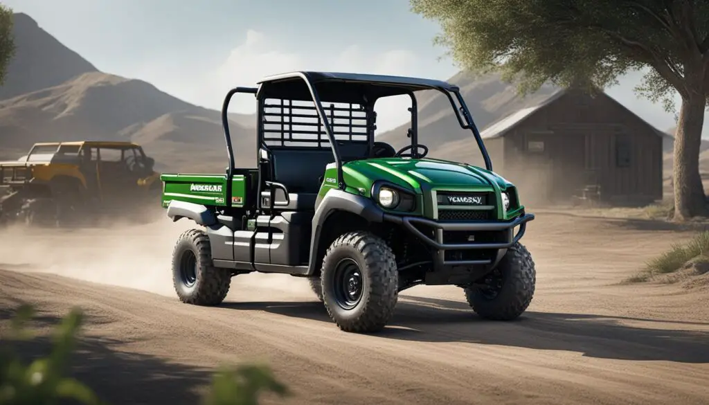The Kawasaki Mule SX sits parked on a flat, gravel surface, surrounded by wide, open spaces and easy access for loading and unloading