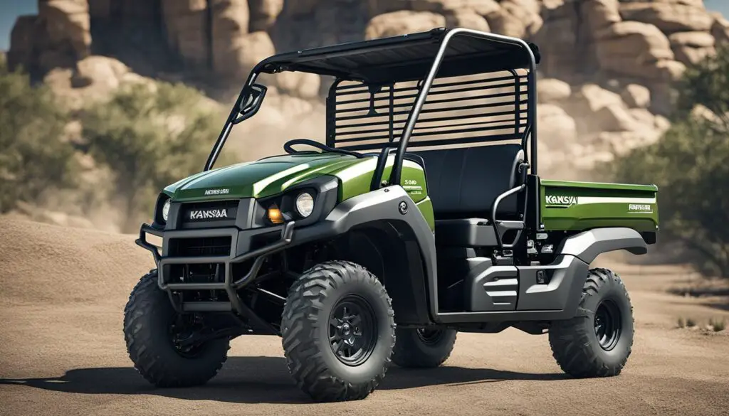 The Kawasaki Mule SX is parked in a rugged, outdoor setting. Its sturdy frame and safety features are highlighted, with a focus on its durability