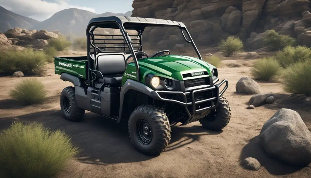 The Kawasaki Mule SX is parked in a rugged outdoor setting, surrounded by dirt and rocks. Its sleek design and powerful features are highlighted in the scene