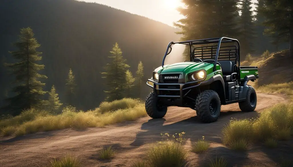 A Kawasaki Mule SX parked on a rugged trail, surrounded by rolling hills and dense forestry. The sun is setting, casting a warm glow over the scene