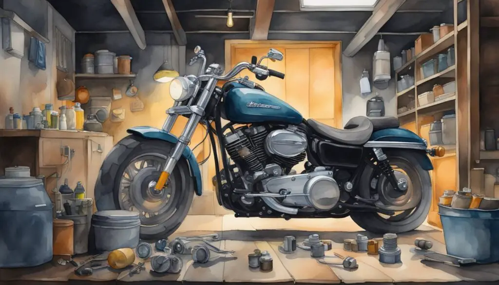 Harley's motorcycle sits in a dark garage, surrounded by tools and spare parts. The bike's lights are off, and there is no sign of electrical power