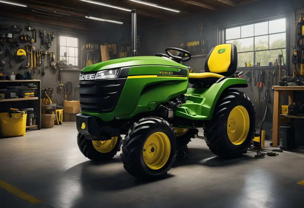 The John Deere X370 sits in a garage, surrounded by tools and diagnostic equipment. A technician examines the engine, while a manual is open on a workbench
