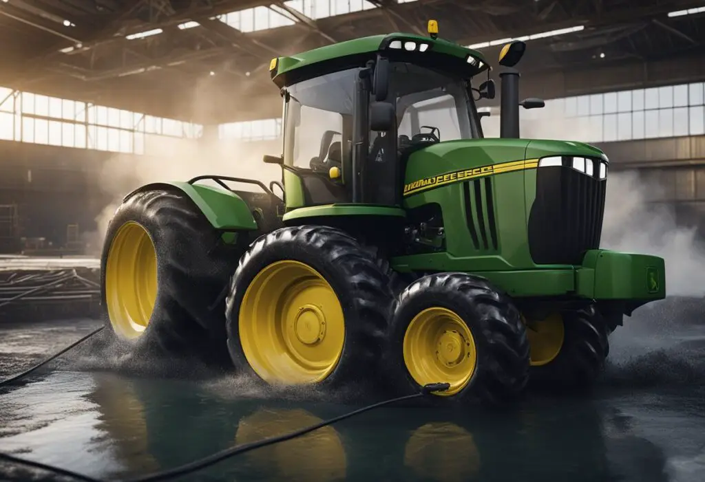 The John Deere X500 sits idle, surrounded by a pool of leaking oil and a cloud of smoke emanating from the engine