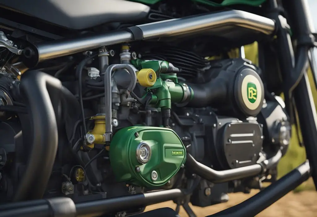 The fuel system of the John Deere X500 is shown with a clogged carburetor and fuel line leaks, causing the engine to sputter and stall