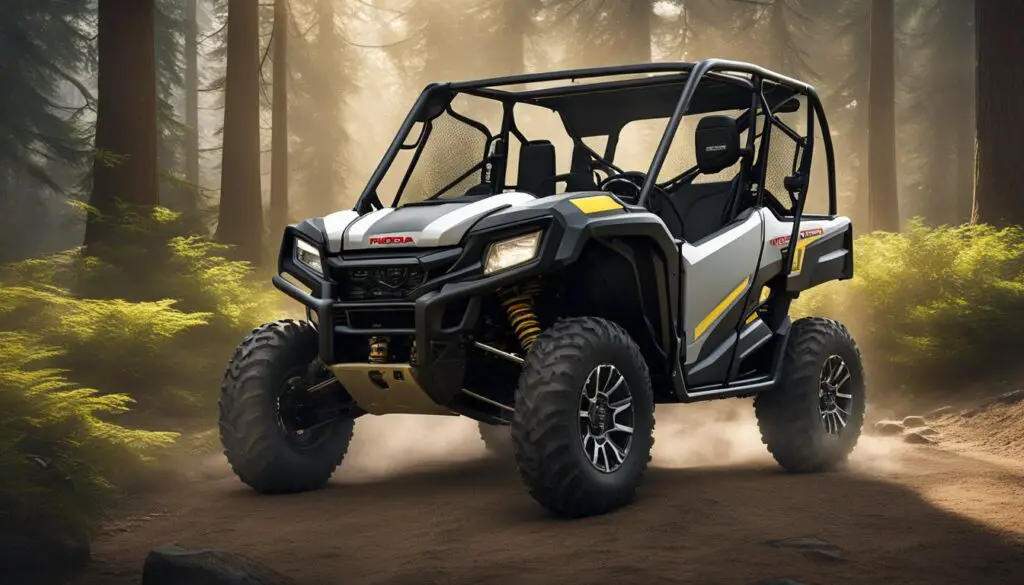The Honda Pioneer 1000 is surrounded by caution signs and a recall notice, highlighting safety concerns