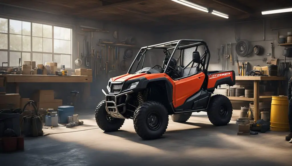 A Honda Pioneer 520 sits in a garage, surrounded by tools and maintenance equipment. Its tires are flat, and there are signs of wear and tear on the vehicle