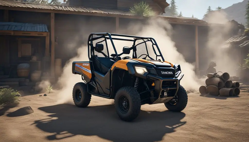 The Honda Pioneer 700 sits idle with smoke rising from its engine, surrounded by scattered tools and frustrated expressions