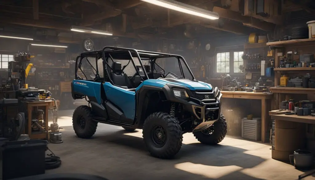 The Honda Pioneer 700 sits in a mechanic's shop, surrounded by tools and diagnostic equipment. A technician is working on the vehicle, while a customer service representative provides support over the phone