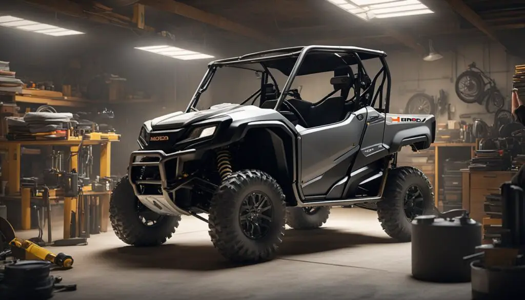 The Honda Pioneer 700 sits in a garage, surrounded by tools and a mechanic's diagnostic equipment. A puzzled mechanic scratches their head, looking at a list of frequently asked questions about the vehicle's problems