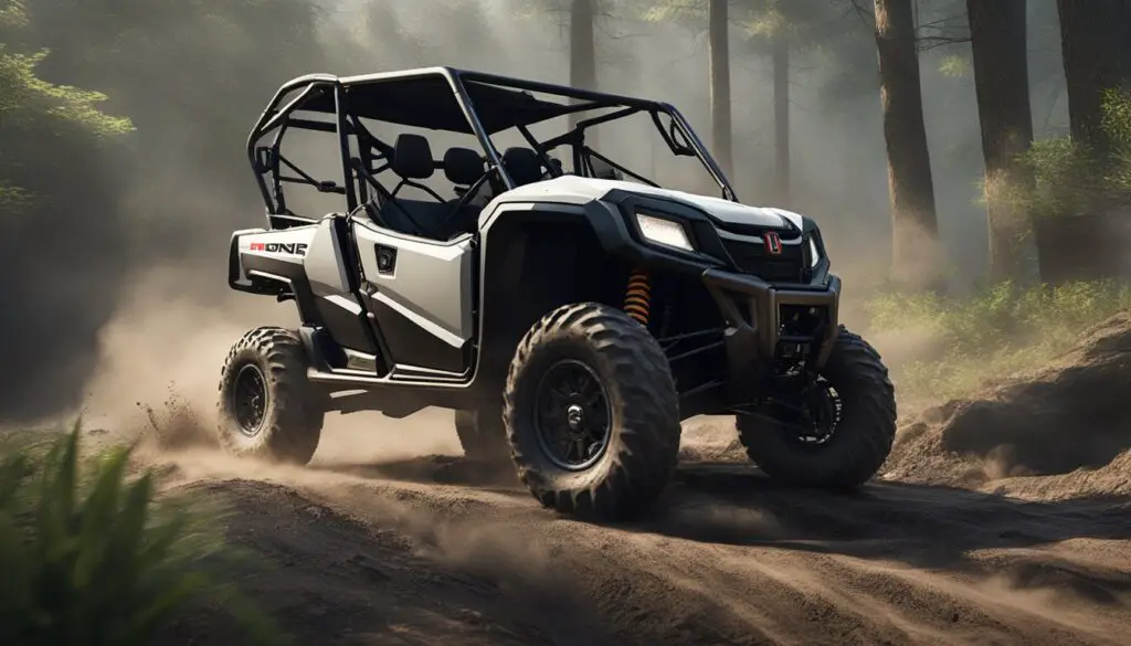 The Honda Pioneer 500 sits stalled in a muddy trail, smoke rising from its engine. The front wheels are stuck in a rut, and the driver looks frustrated as they try to troubleshoot the problem