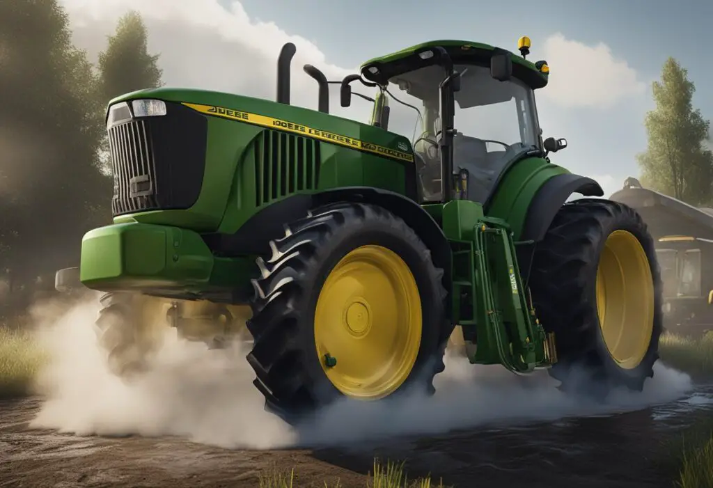 The John Deere X730 sits idle, with a cloud of smoke rising from its engine. A puddle of oil forms beneath the machine, indicating a leak