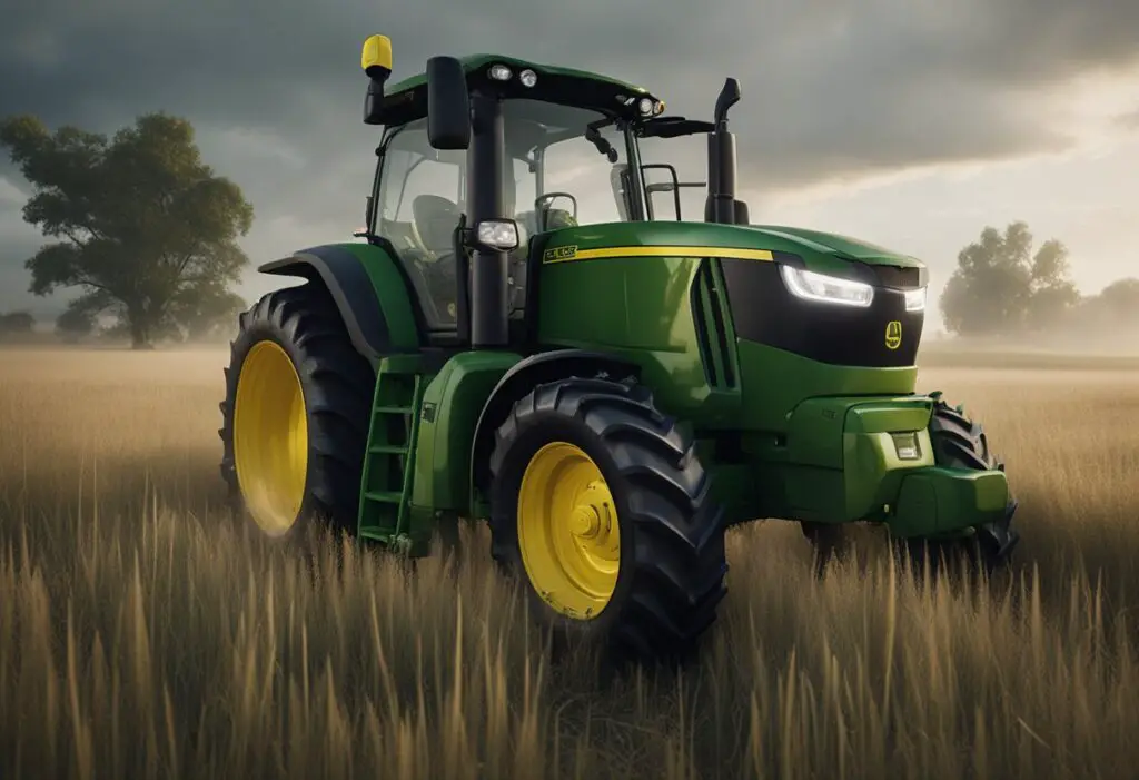 The John Deere X730 sits idle in a field, surrounded by tall grass and under a cloudy sky. Smoke billows from its engine, indicating a mechanical problem