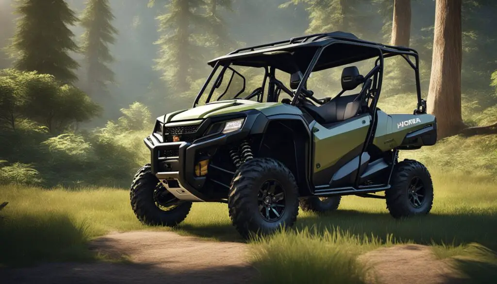 The Honda Pioneer 700-4 sits on a rugged trail, surrounded by lush greenery. Its sleek design and comfortable interior are highlighted under the warm sunlight