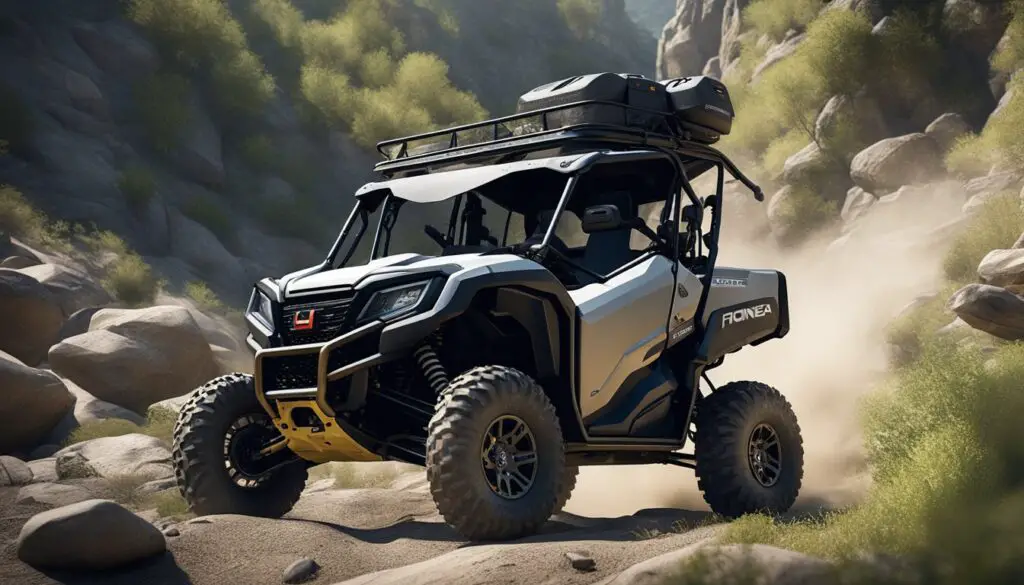 The Honda Pioneer 700 4 powers through rugged terrain, conquering steep hills and rocky paths with ease