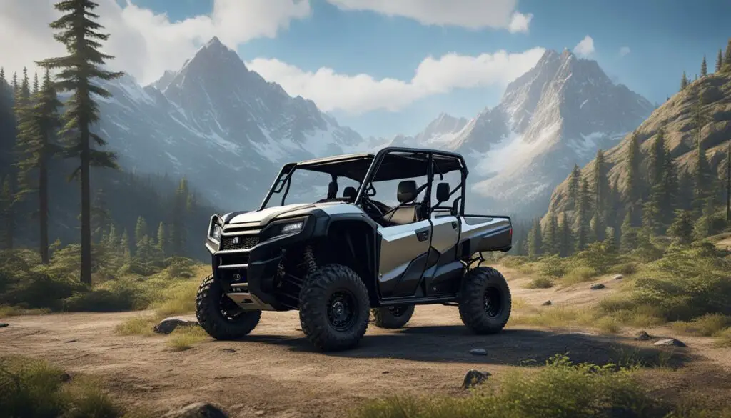 A Honda Pioneer 700 4 parked in a rugged terrain, surrounded by mountains and forests. The vehicle exudes strength and dependability