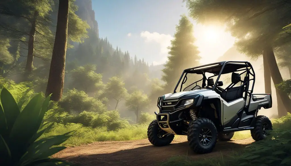 The Honda Pioneer 700-4 is parked on a rugged trail, surrounded by lush greenery and towering trees. The sun shines down, casting dappled shadows on the vehicle's sleek exterior