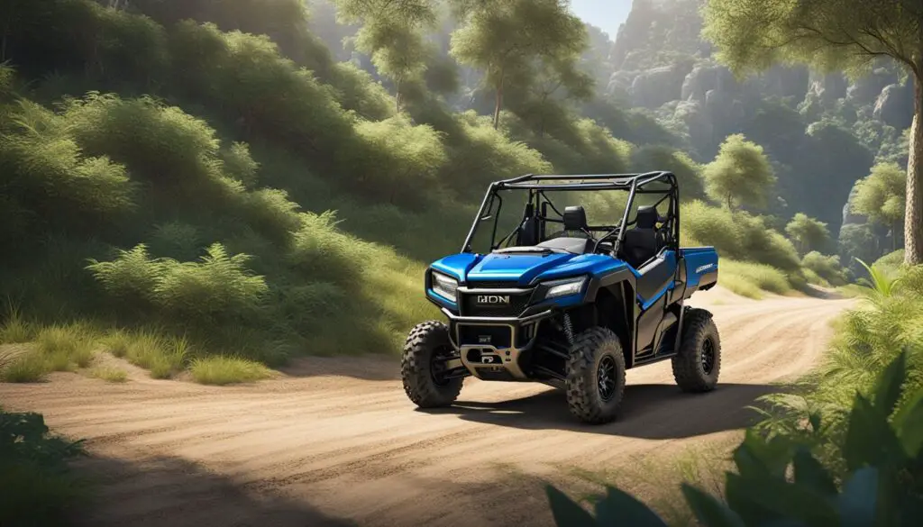 A Honda Pioneer 520 parked on a dirt trail, surrounded by lush greenery and a clear blue sky