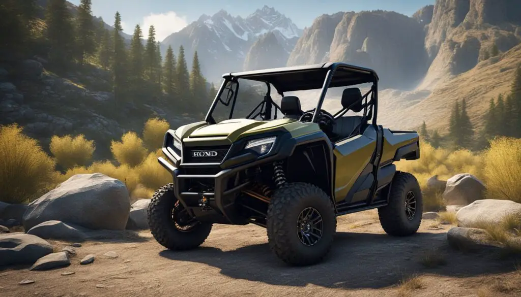A Honda Pioneer 520 parked in a scenic outdoor setting with mountains in the background, showcasing its rugged design and versatility