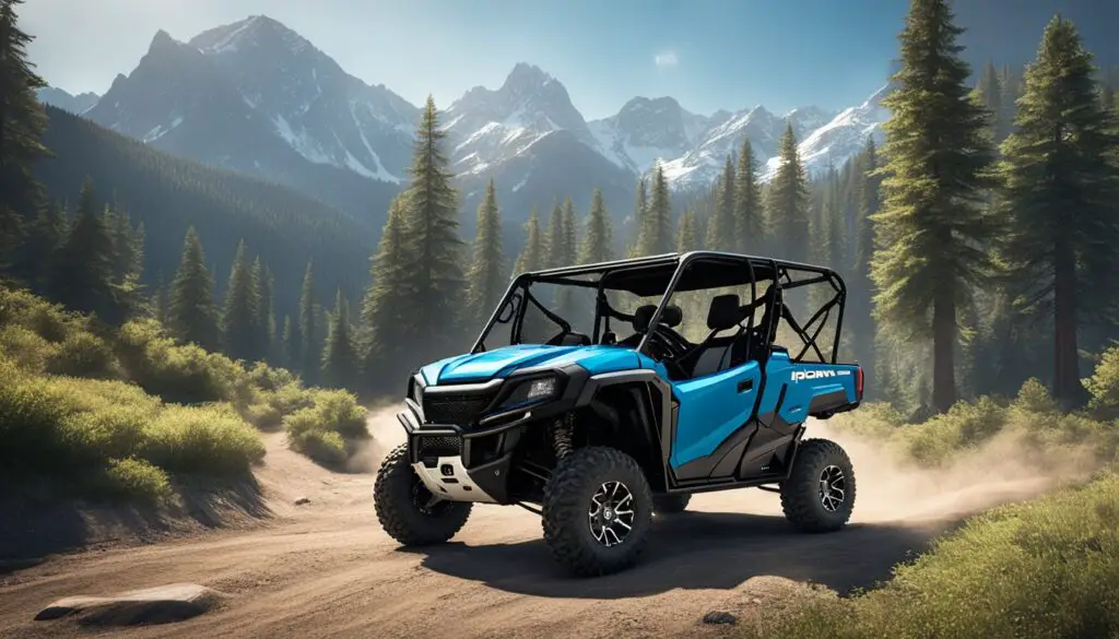 A Honda Pioneer 1000 parked on a rugged trail, surrounded by mountains and tall trees, with a clear blue sky overhead