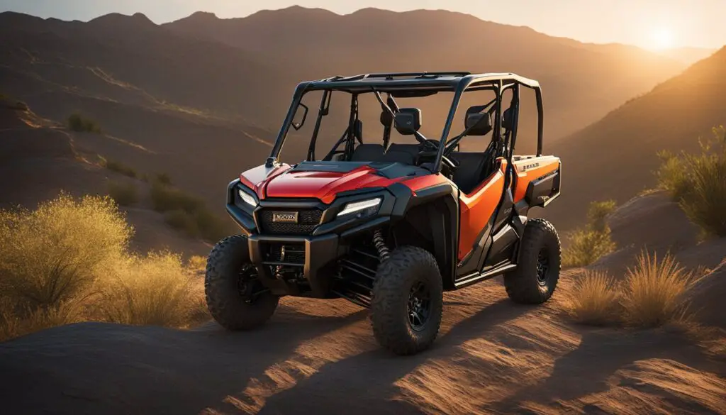 The Honda Pioneer 1000 sits proudly atop a rugged hill, its sleek and powerful form exuding confidence. The sun sets behind it, casting a warm glow over the surrounding landscape