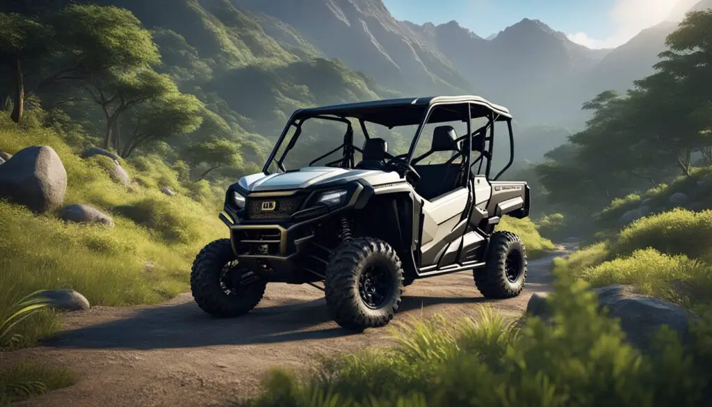 A Honda Pioneer 1000 parked on a rugged trail, surrounded by lush greenery and towering mountains in the background
