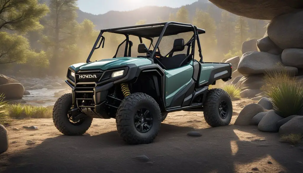 A Honda Pioneer 500 parked in a rugged outdoor setting, with its sturdy build and functional features on display