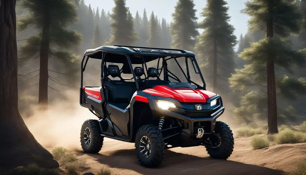 The Honda Pioneer 700 sits on a dusty trail, surrounded by rugged terrain and tall trees. Its sleek design and sturdy build exude confidence and reliability