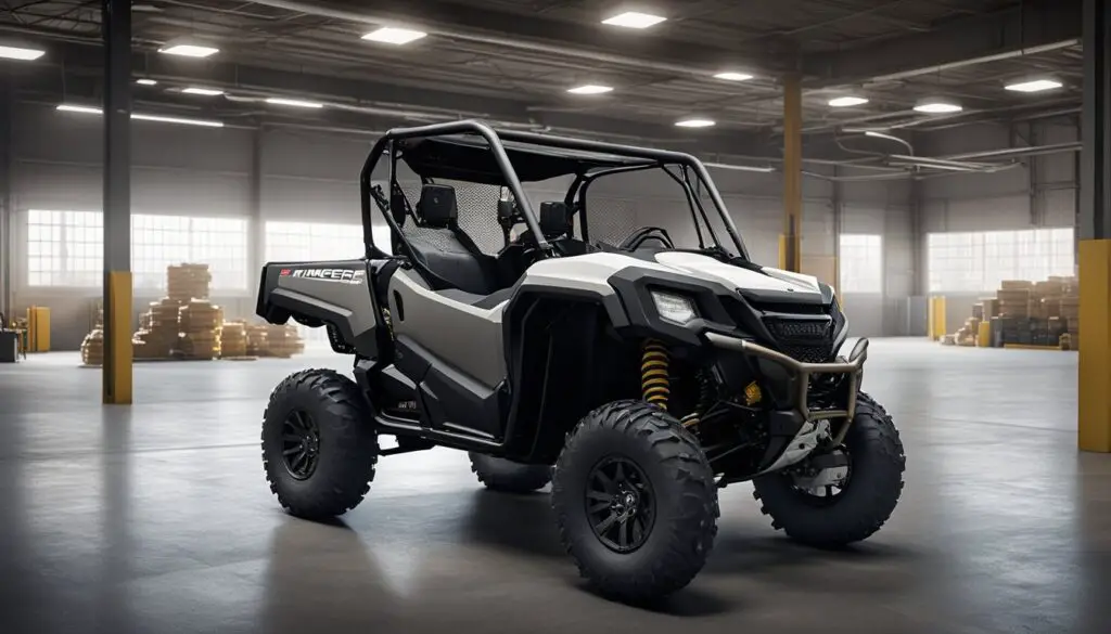 The Honda Pioneer 700 is parked in a spacious garage, surrounded by safety gear and advanced technology. The vehicle's sleek design and durable construction are evident, highlighting its reliability and innovation