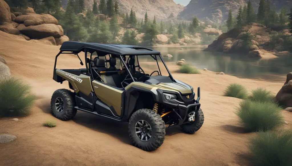 The Honda Pioneer 700 is parked in a rugged outdoor setting, surrounded by dirt trails and rocky terrain. Its sleek design and various trim levels are highlighted in the scene