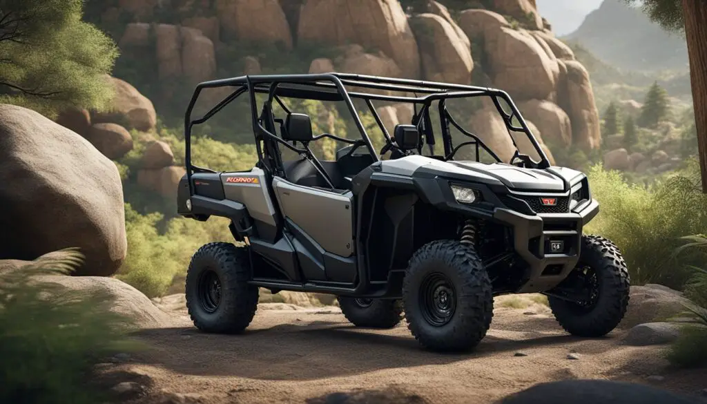 The Honda Pioneer 500 is parked in a rugged outdoor setting, surrounded by rocky terrain and dense foliage. The vehicle's sleek design and powerful features are highlighted in the natural environment