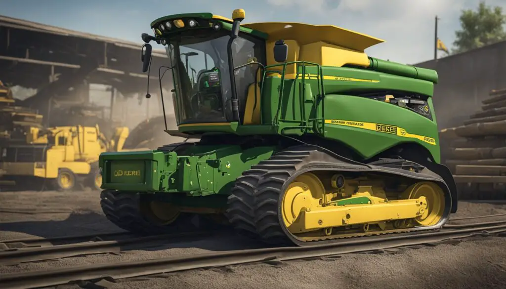 The John Deere 333G's undercarriage and tracks are visibly damaged, with signs of wear and tear